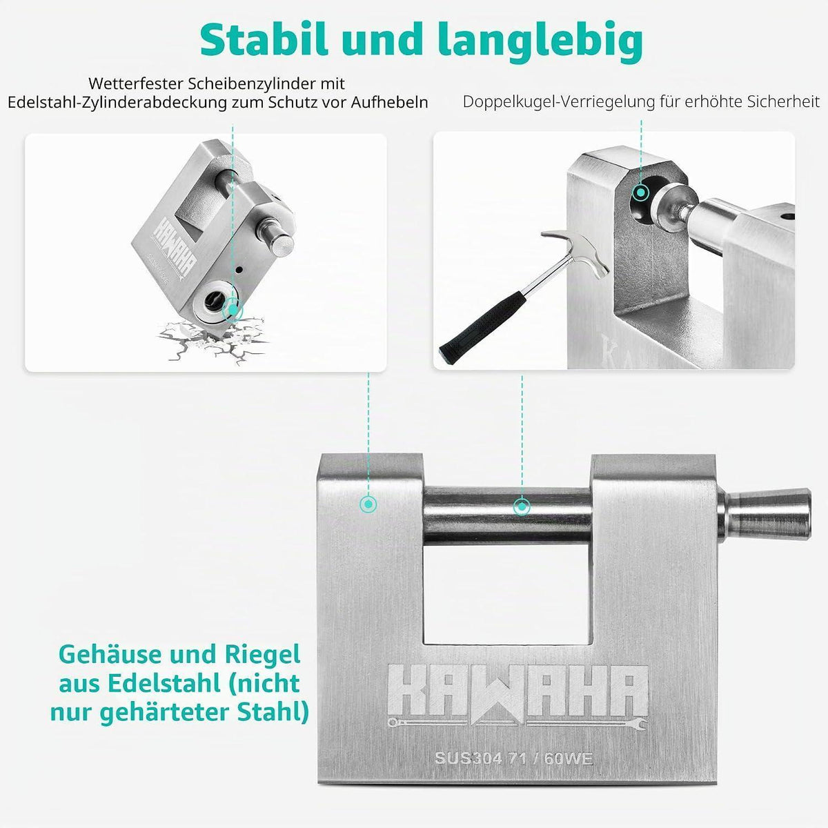 Edelstahl Vorhängeschloss 60mm - 2er Set - Gleichschließend