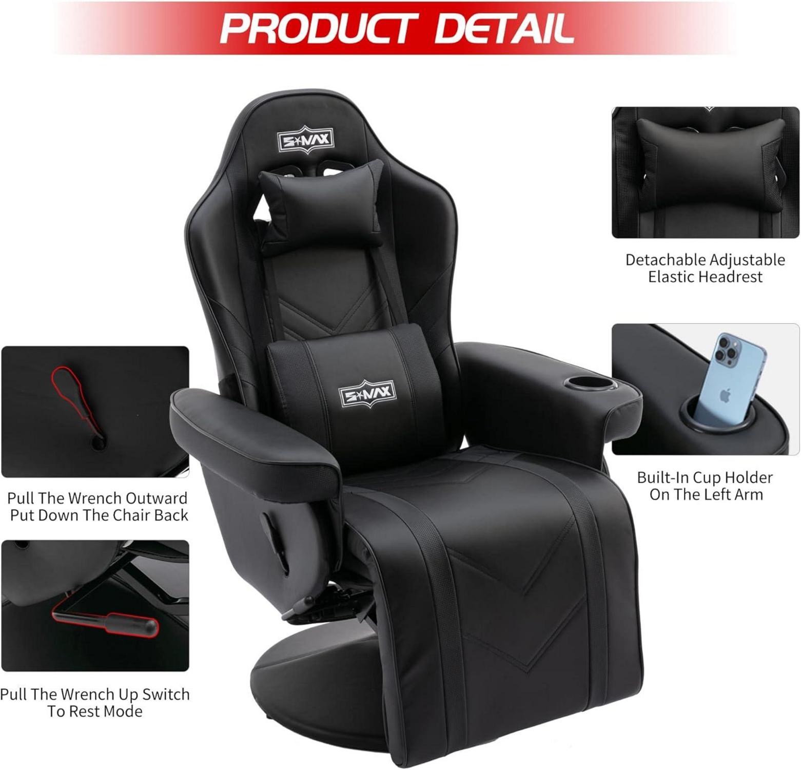 S*MAX Gaming Stuhl Schwarz mit Fußstütze und Becherhalter X-Large
