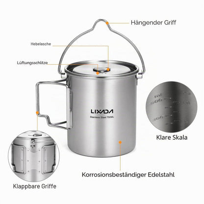 750ml Camping Topf Edelstahl mit Löffel & Deckel