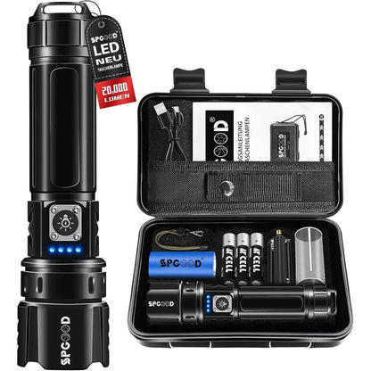 LED Taschenlampe 20000 Lumen USB Aufladbar Zoombar IP67