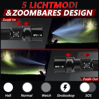 LED Taschenlampe 20000 Lumen USB Aufladbar Zoombar IP67