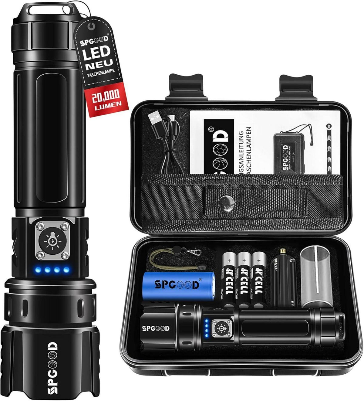 LED Taschenlampe 20000 Lumen USB Aufladbar IP67 Waterproof