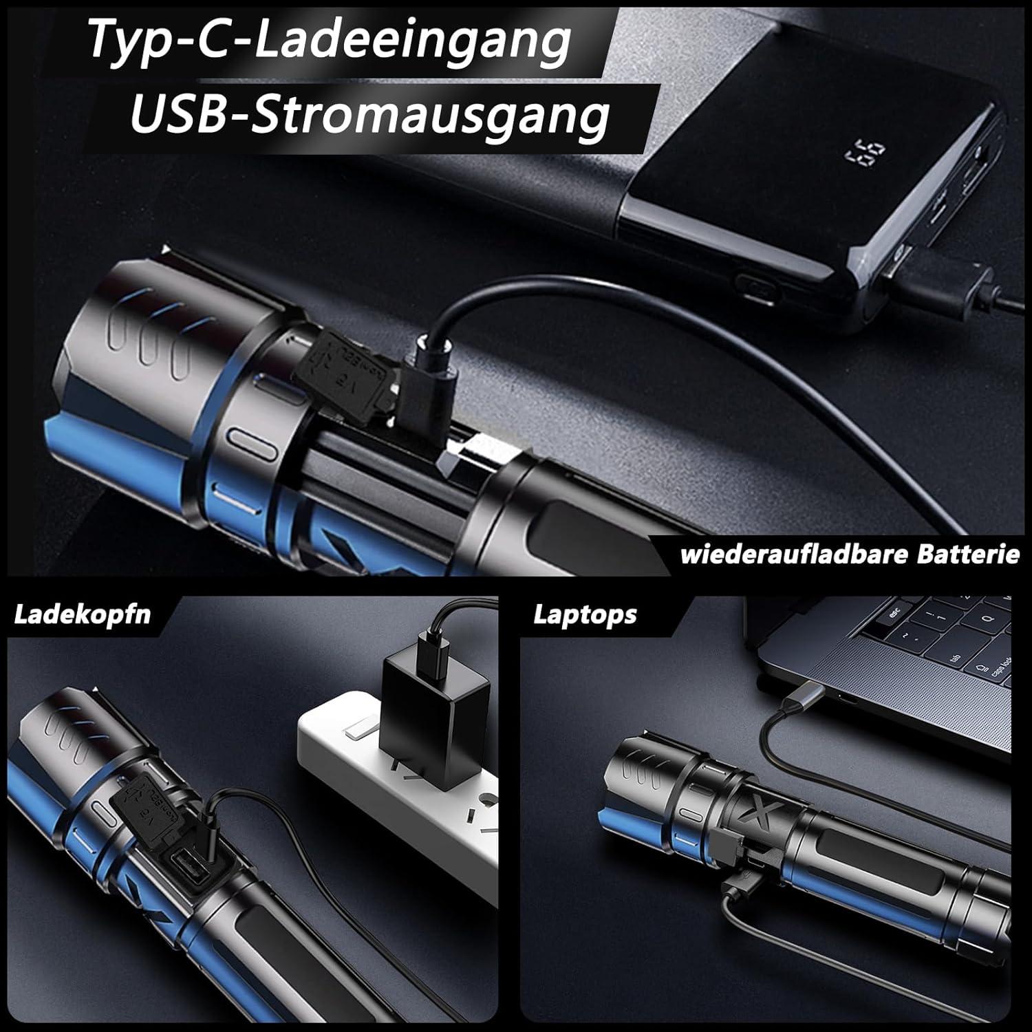 Taschenlampe Led 20000 Lumen USB Aufladbar Zoombare Taktische
