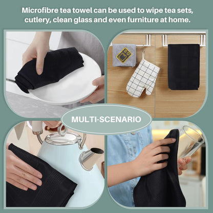 4er Pack Microfaser Geschirrtücher 40x60cm Schwarz, Streifenfrei & Fusselfrei