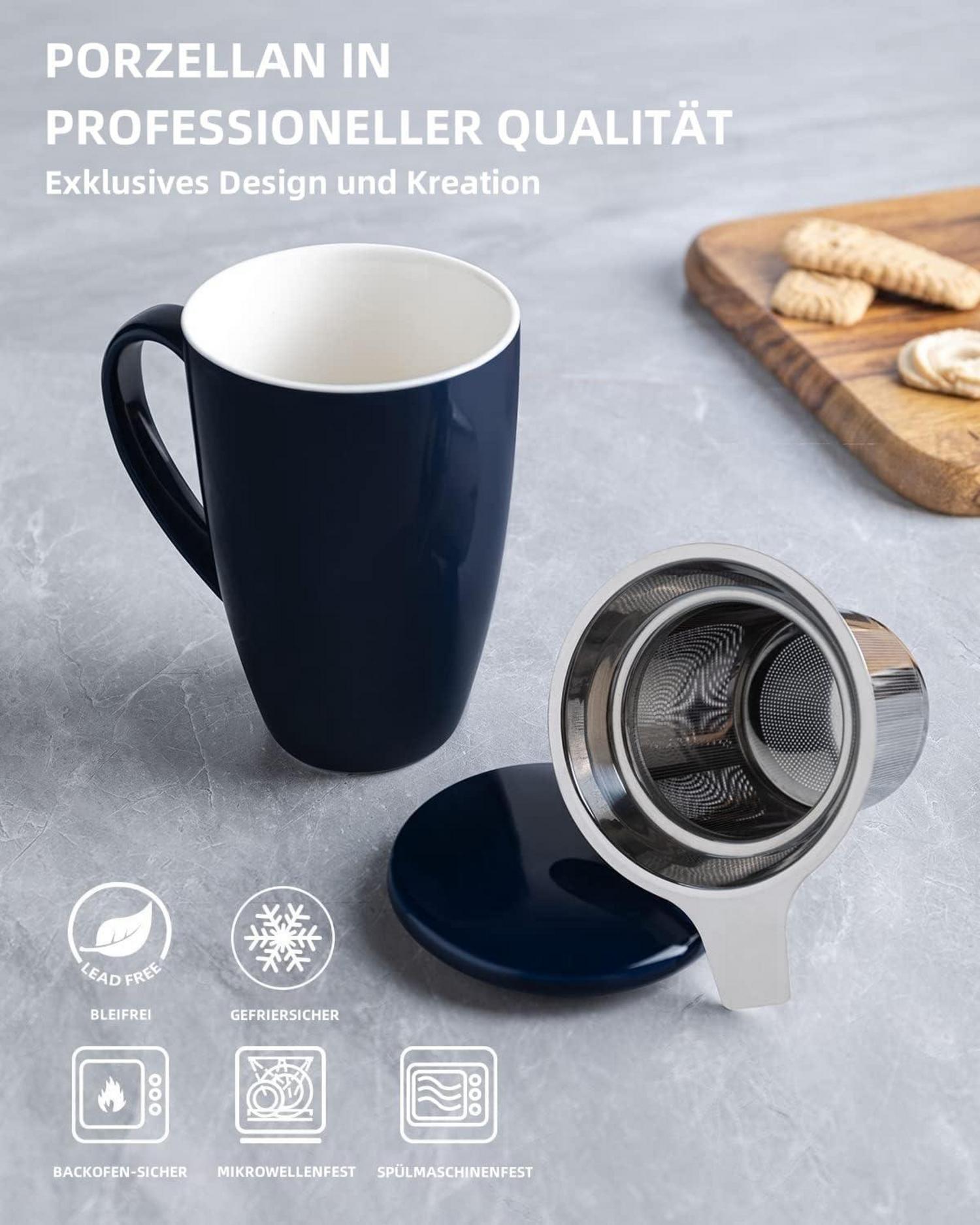 Porzellan Teetasse mit Sieb und Deckel 450ml - Königsblau