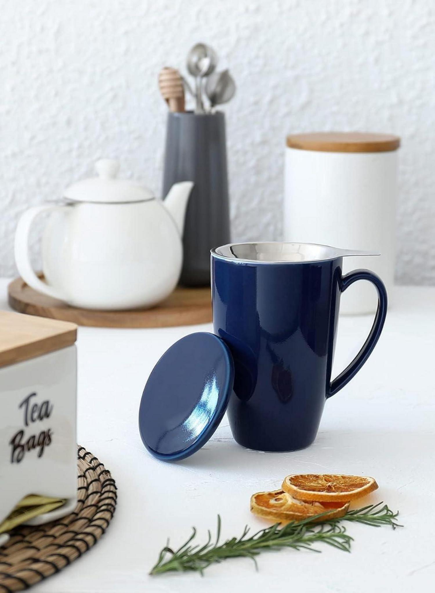LeKuni Porzellan Teetasse 450ml Mit Sieb und Deckel - Dunkelblau