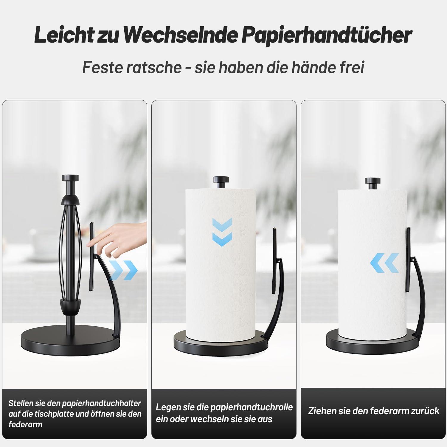 Küchenrollenhalter Schwarz Edelstahl mit Saugnapf & Spannarm