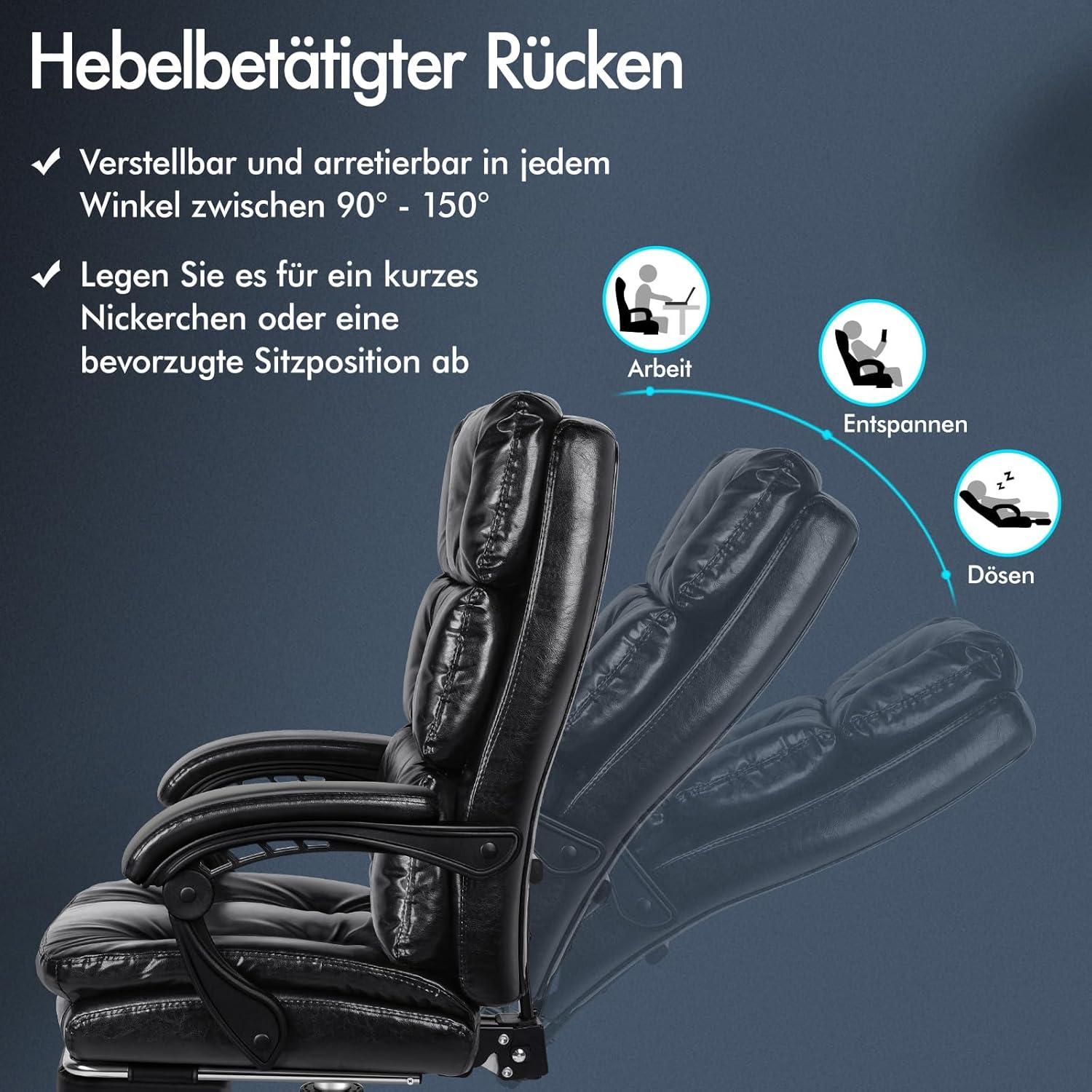 Bürostuhl mit Doppellagigem Kissen und Fußstützen-Armlehnen in Schwarz