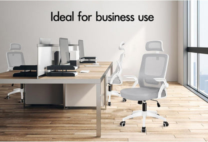 Ergonomischer Bürostuhl mit Lordosenstütze, neigbar, hochklappbare Armlehne, Weiß/Grau
