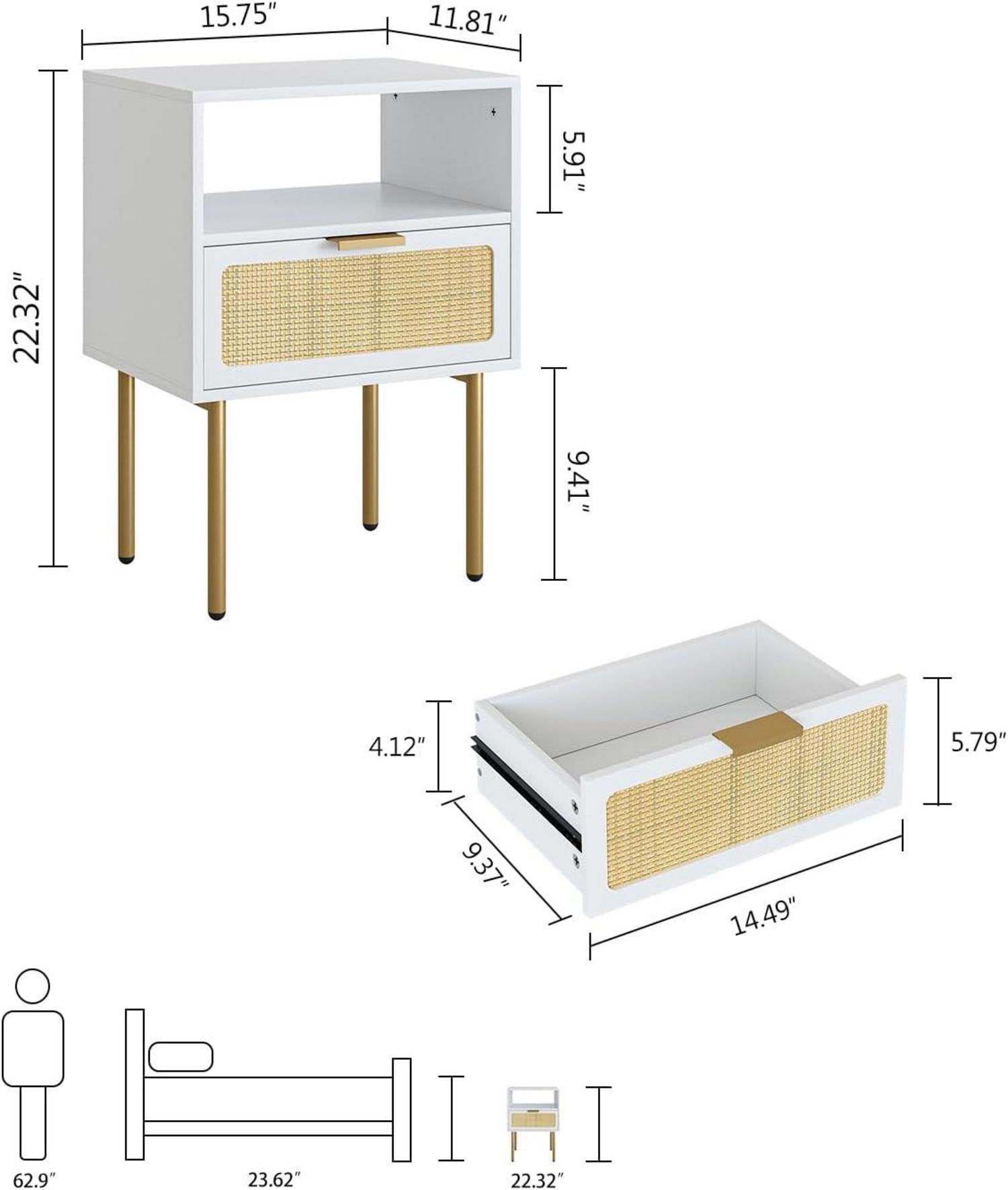 Nachttisch Rattan für Schlafzimmer, Wohnzimmer, Weiß/Gold