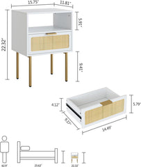 Nachttisch Rattan für Schlafzimmer, Wohnzimmer, Weiß/Gold