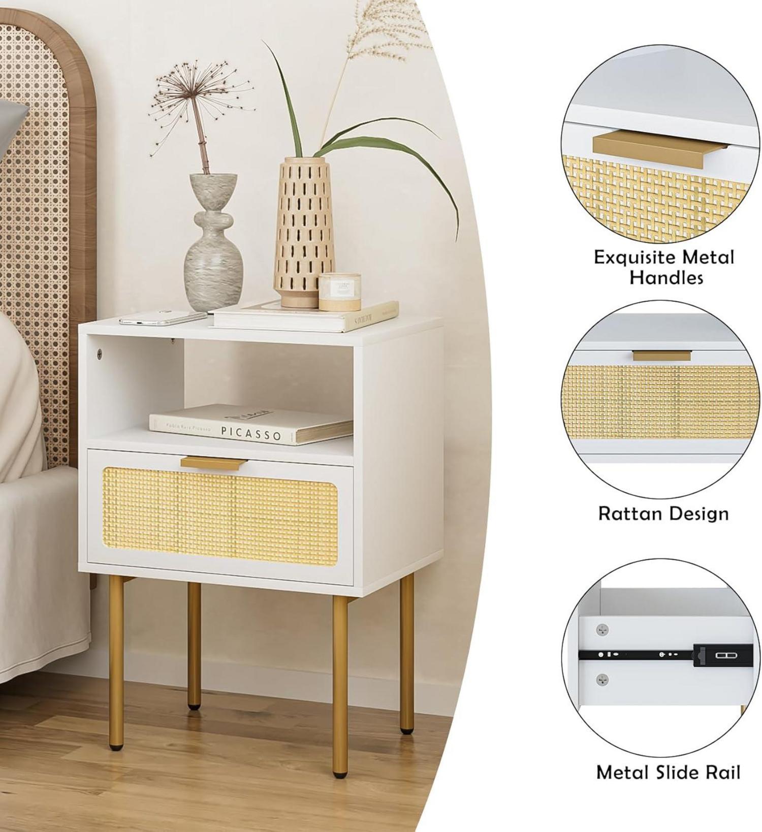 Boho Nachttisch Rattan Weiß Gold 1 Schublade 1 Ablage