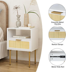 Boho Nachttisch Rattan Weiß Gold 1 Schublade 1 Ablage