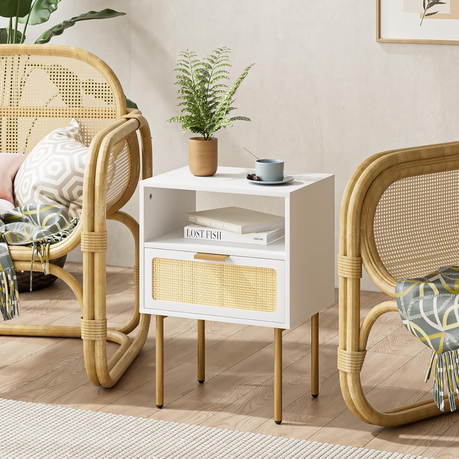 Nachttisch mit Rattan, 1 Ablage, 1 Schublade, Modern, Boho, Weiß, Gold
