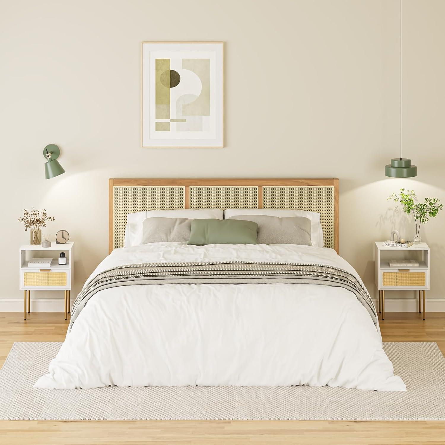Nachttisch mit Rattan, 1 Ablage, 1 Schublade, Modern, Boho, Weiß, Gold