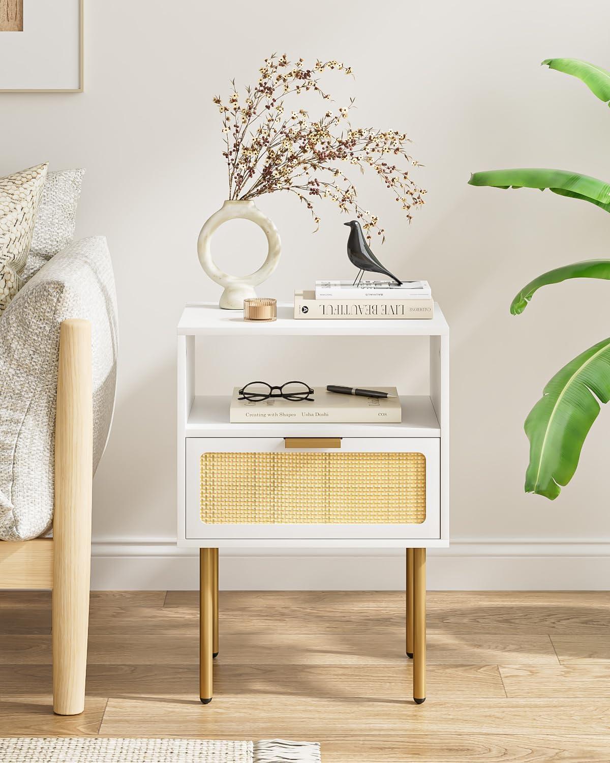 Boho Nachttisch Rattan Weiß Gold 1 Schublade 1 Ablage