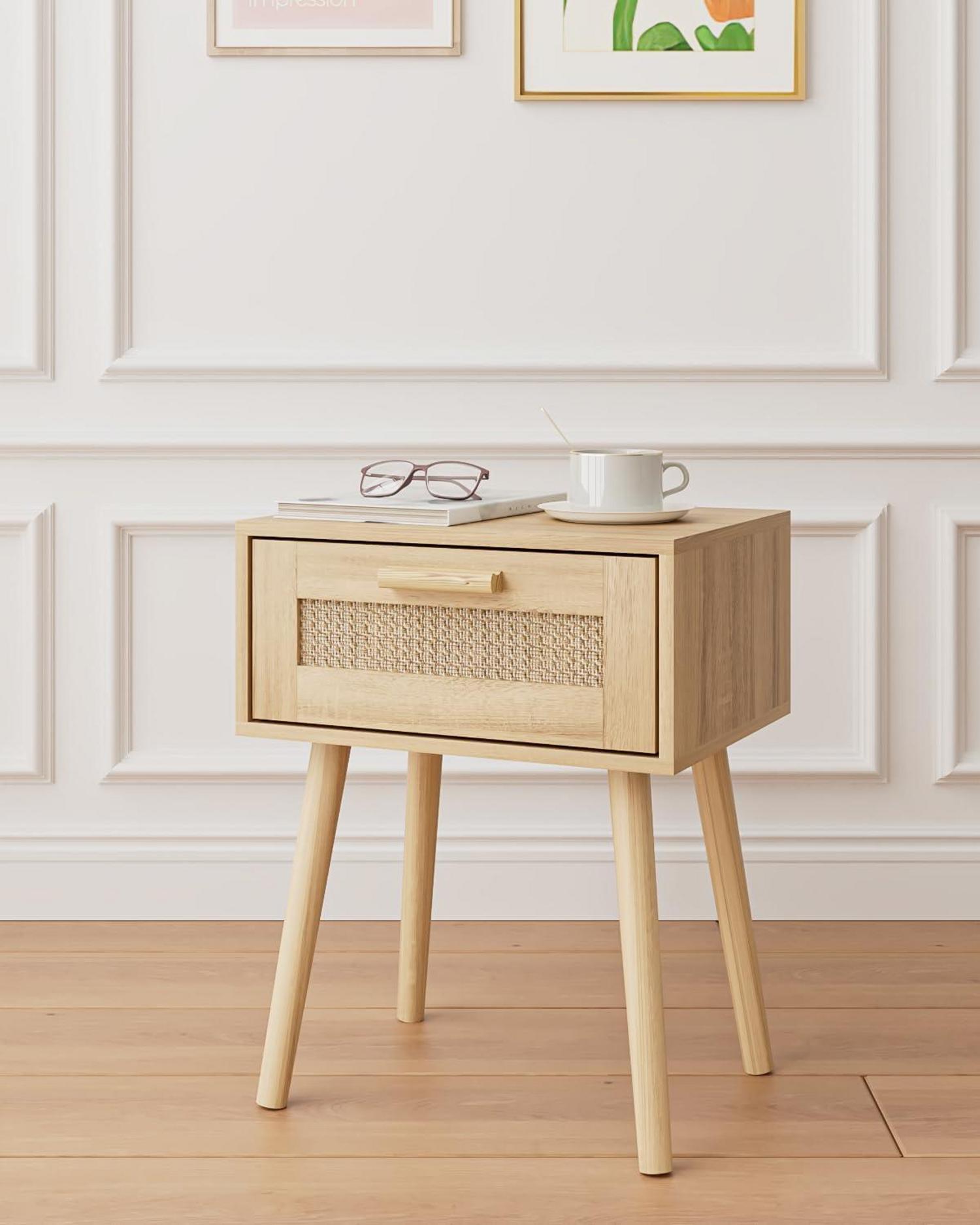 Nachttisch Rattan Beistelltisch Schublade Holz Beine Schlafzimmer Wohnzimmer