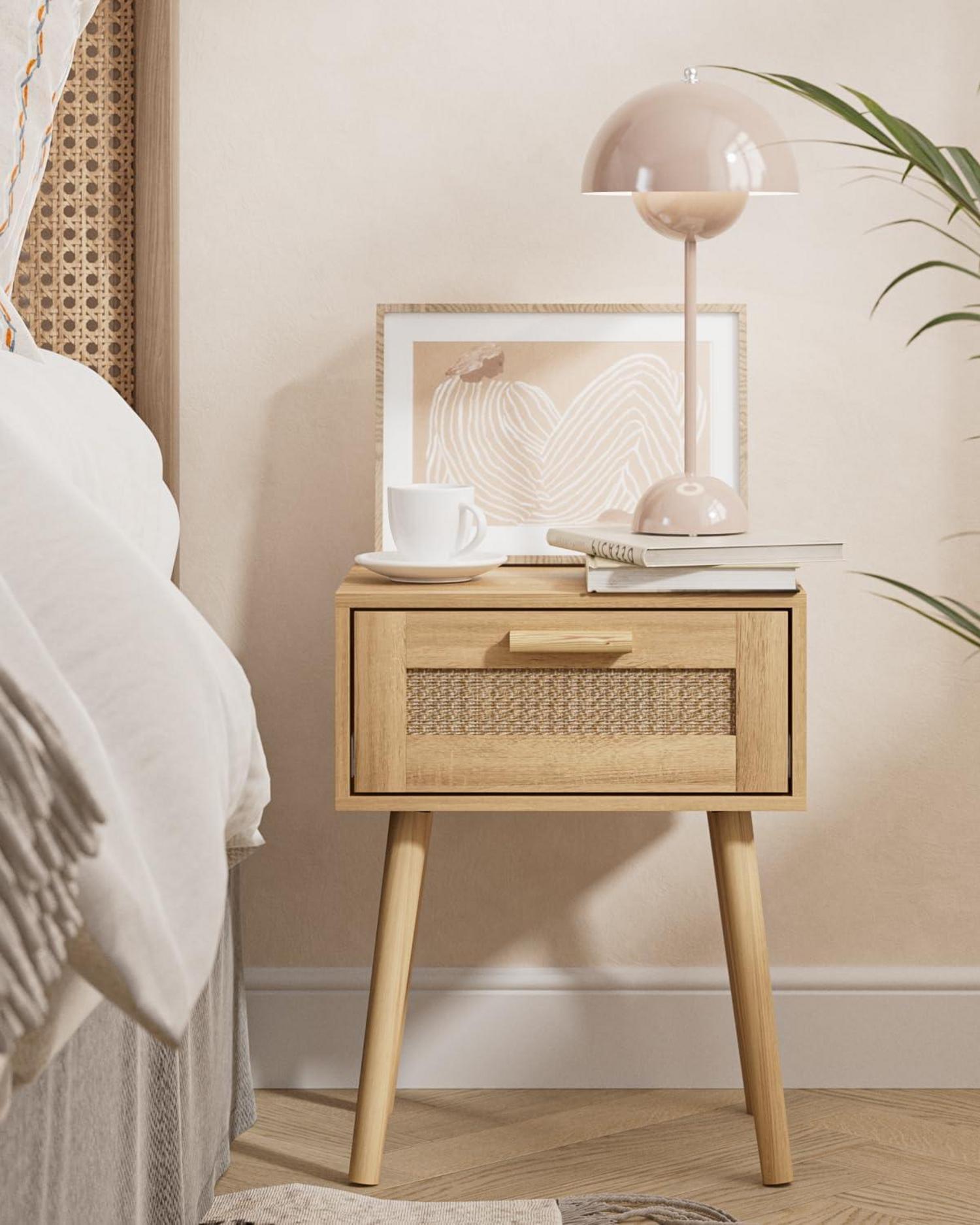Nachttisch Rattan Beistelltisch Schublade Holz Beine Schlafzimmer Wohnzimmer