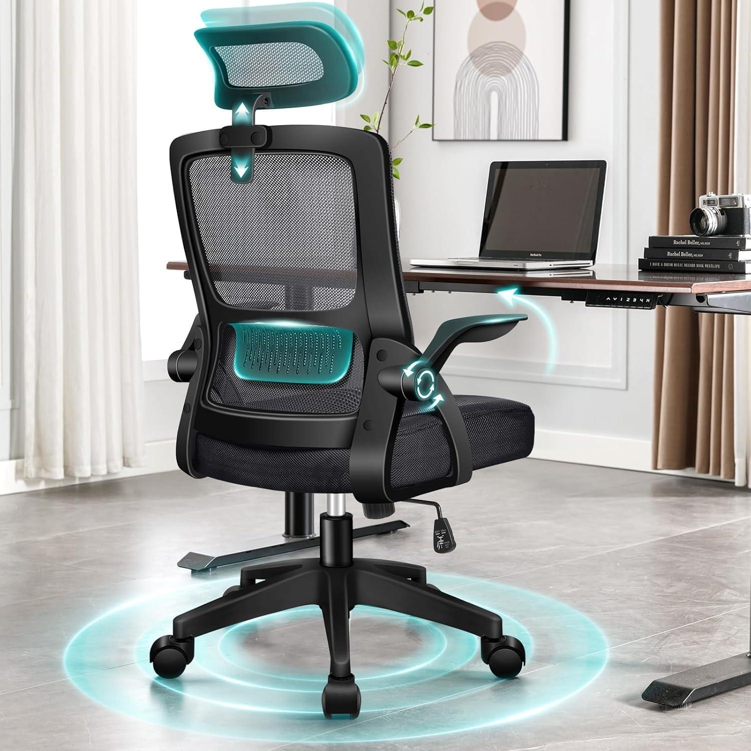 Ergonomischer Bürostuhl mit Lordosenstütze und Armlehne, Schwarz