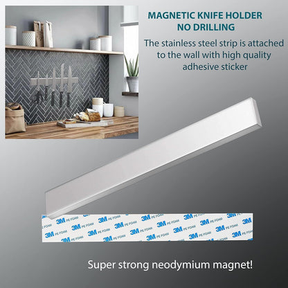 60cm Magnetleiste Messer mit 3 Haken, Edelstahl, selbstklebend