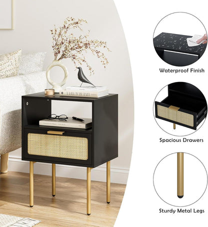 HEYZOEY Rattan Nachttisch mit Schublade und goldenem Rahmen