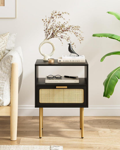 HEYZOEY Rattan Nachttisch Schwarz Gold Beistelltisch Schublade