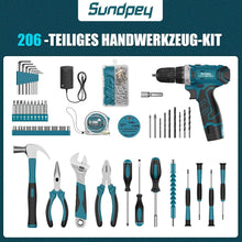 206tlg Sundpey Werkzeugkoffer mit 12V Akku Bohrschrauber LED