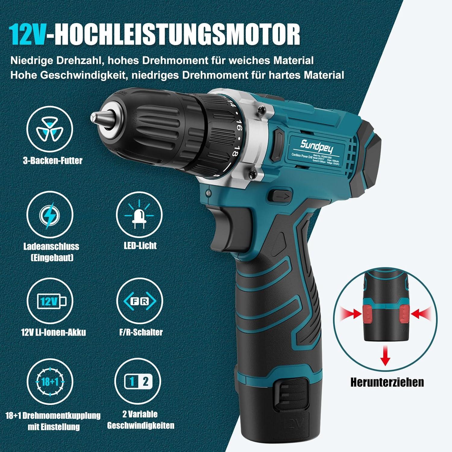 Werkzeugkoffer 206tlg mit 12V Akku Bohrschrauber LED - Blau