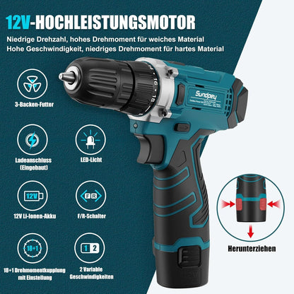 Werkzeugkoffer 206tlg mit 12V Akku Bohrschrauber LED - Blau