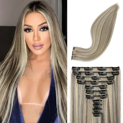 Clip-in Haarverlängerung Aschbraun mit Platinblond 61cm