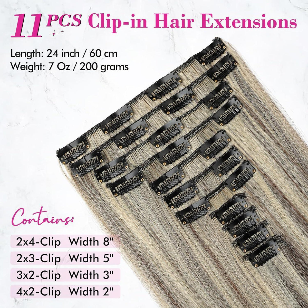 Clip-in Haarverlängerung Aschbraun mit Platinblond 61cm