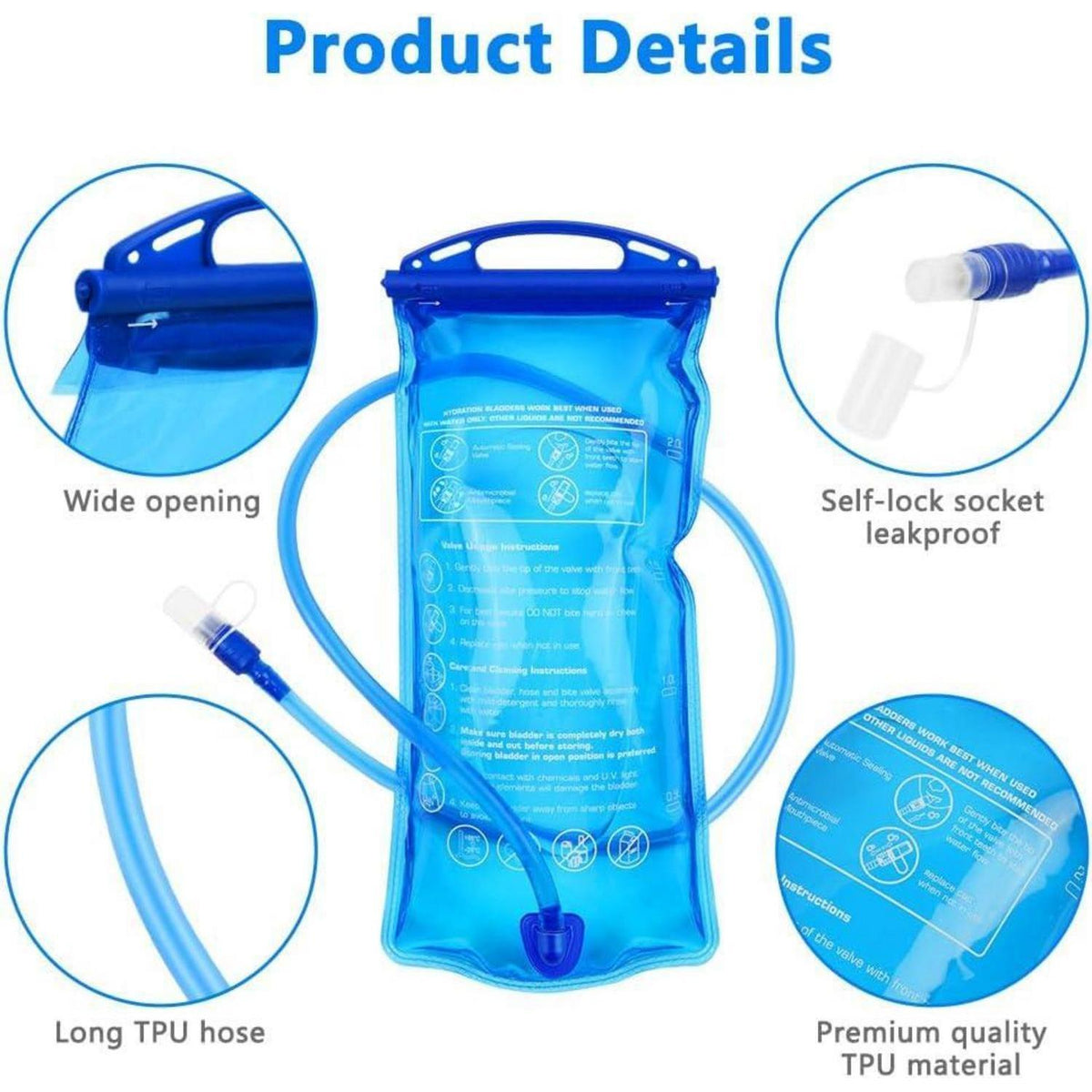 Trinkblase 2L für Rucksack, BPA-frei, auslaufsicher, Blau