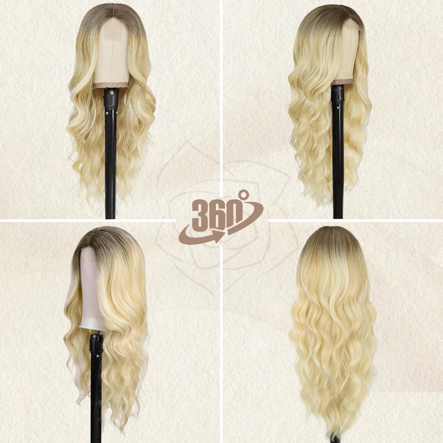 Lange Wellige Ombre Blond Lace Front Perücke 66cm Natürliches Haar+Einstellbare