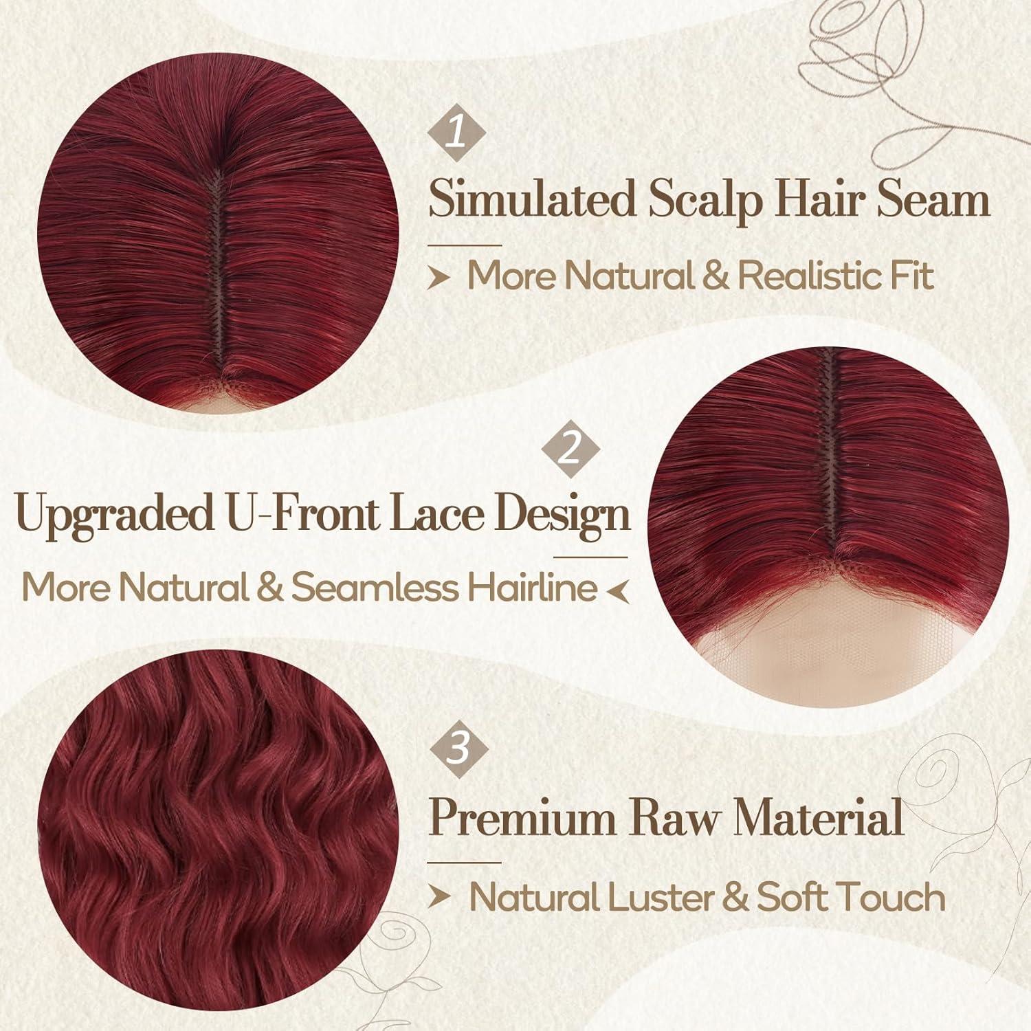 Perücke Lange Wellig Lace Front Hitzebeständig Rot 66cm Lockige