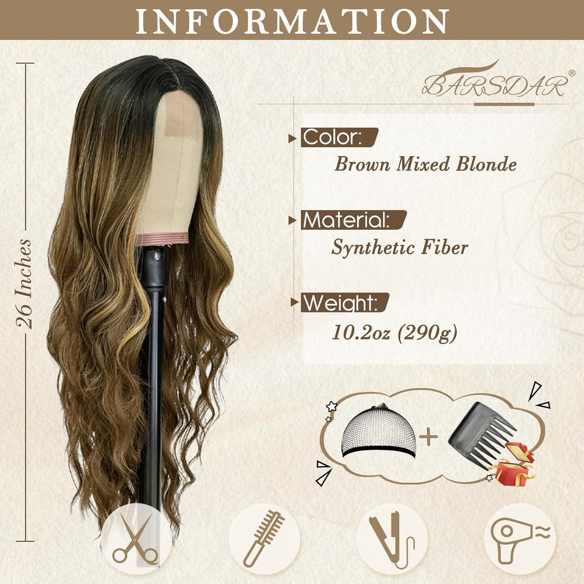 Lange Wellige Blond Highlight Perücke Mittelscheitel 66cm Braun Blond