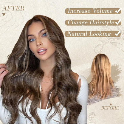 Lange Wellige Blond Highlight Perücke Mittelscheitel 66cm Braun Blond