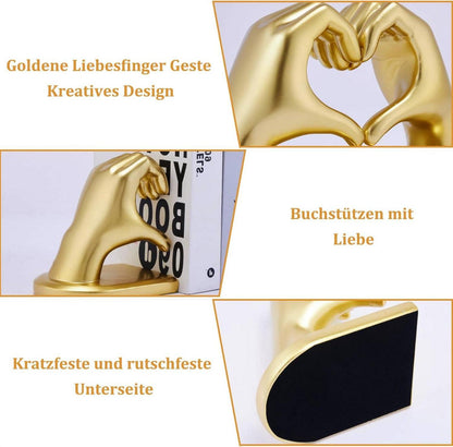 Goldene Herz Hände Deko Skulptur Buchstützen Buchende Bücherstopper