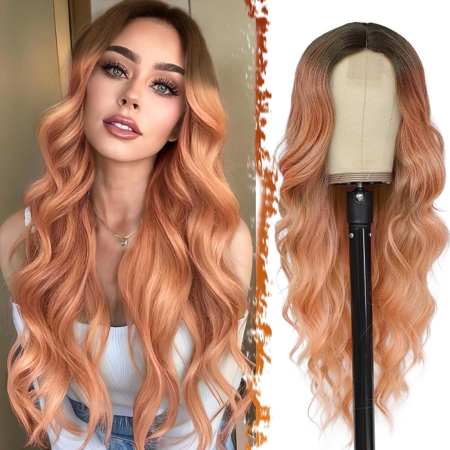 Lange Rosa Ombre Perücke 66cm Lockige Wellig Lace Front Hitzebeständig