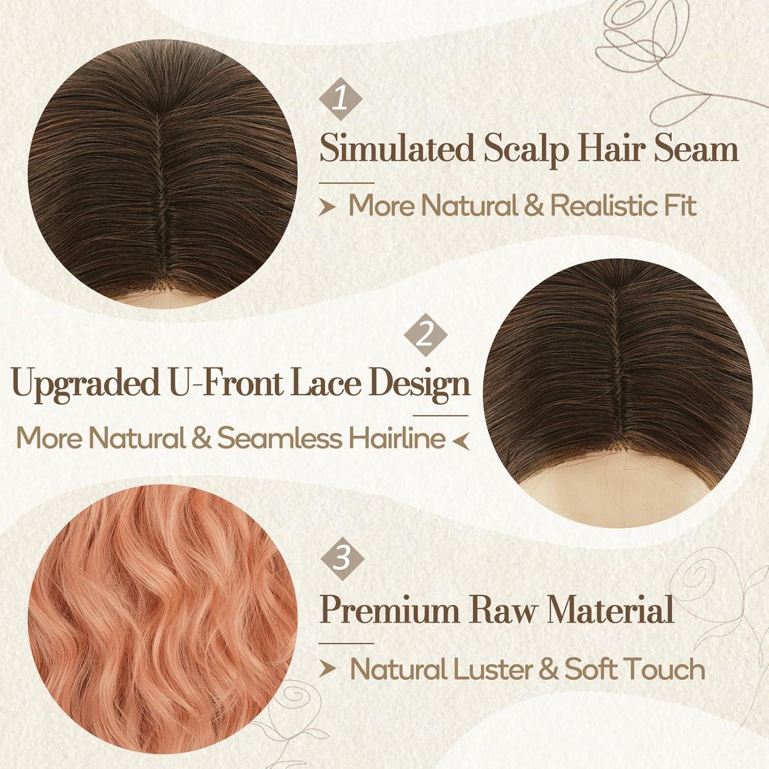 Lange Rosa Ombre Perücke 66cm Lockige Wellig Lace Front Hitzebeständig
