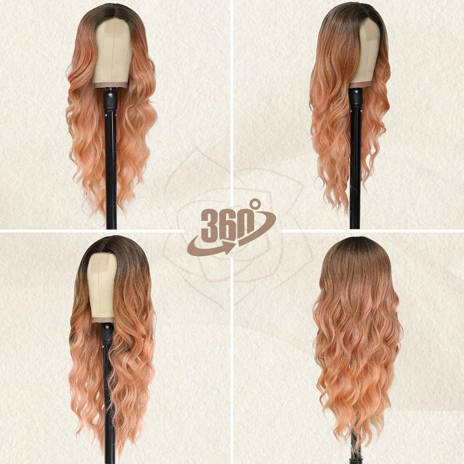 Lange Wellige Ombre Rosa Lace Front Perücke 66cm Hitzebeständig