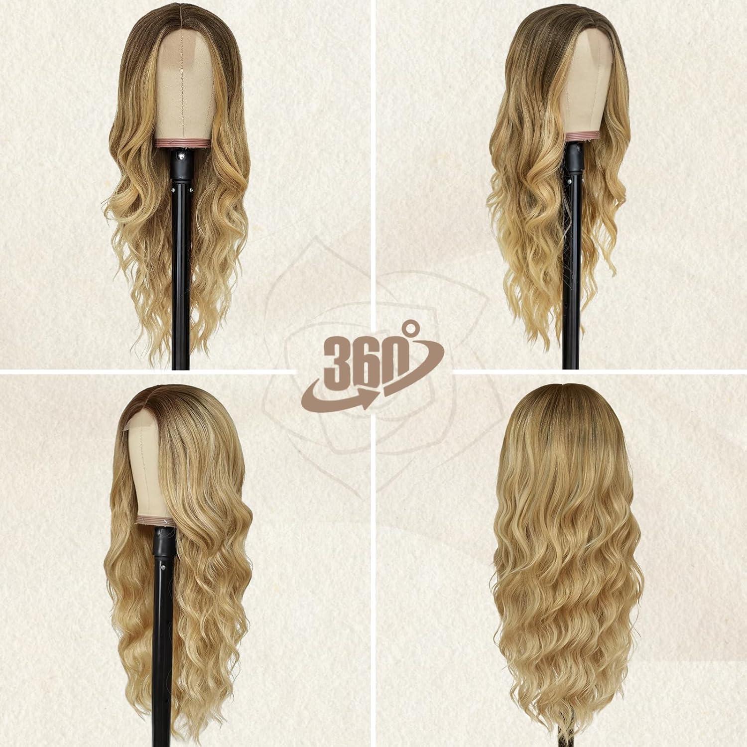 Lange Ombre Blond Perücke 66cm Wellig Mittelscheitel Hitzebeständig Frauen