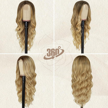 Lange Ombre Blond Perücke 66cm Wellig Mittelscheitel Hitzebeständig Frauen