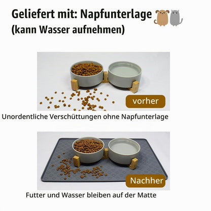 Keramik Doppelnapf für Hunde & Katzen mit Bambus Ständer