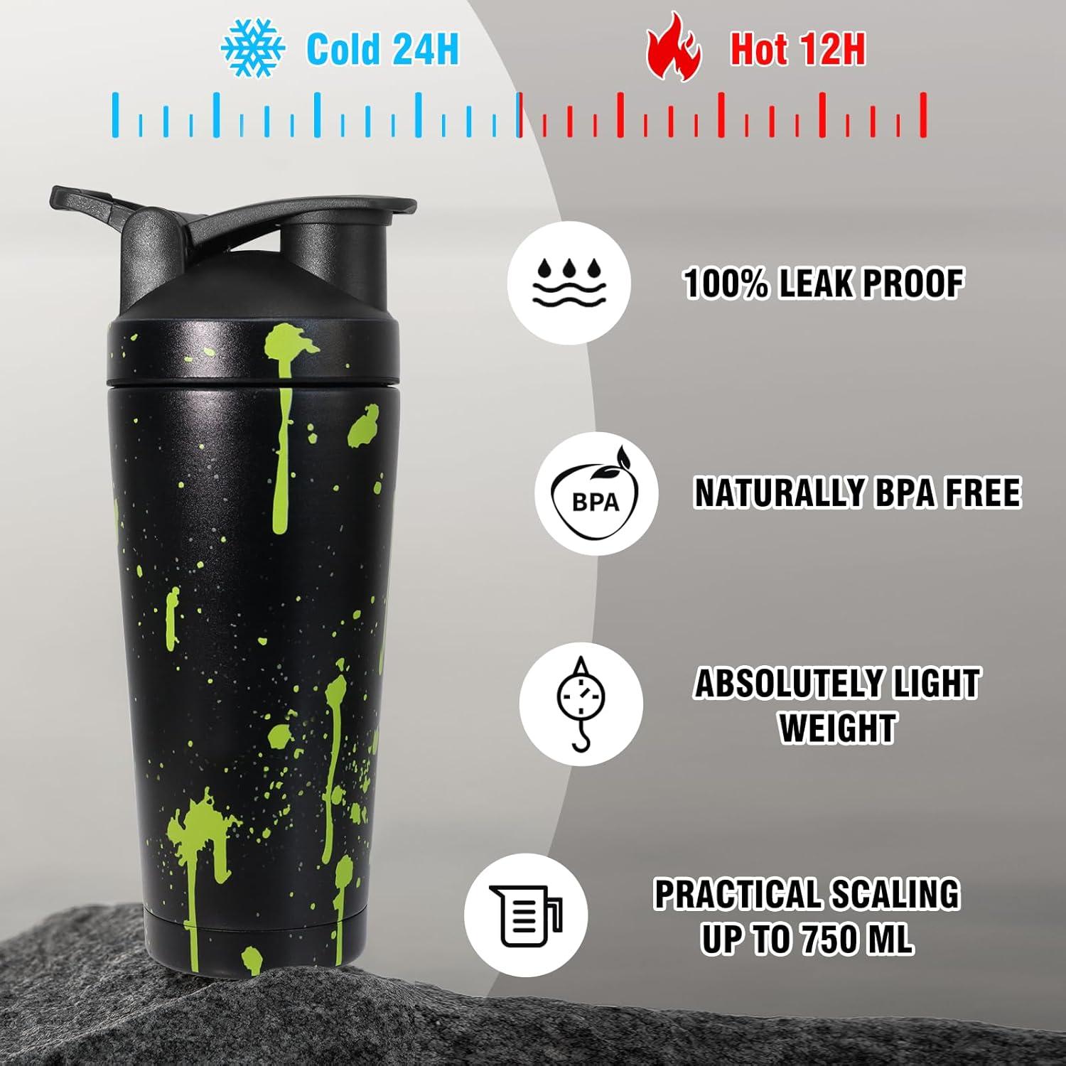 Edelstahl Protein Shaker mit Kugel 750ml Abdichtung Schwarz Gelb