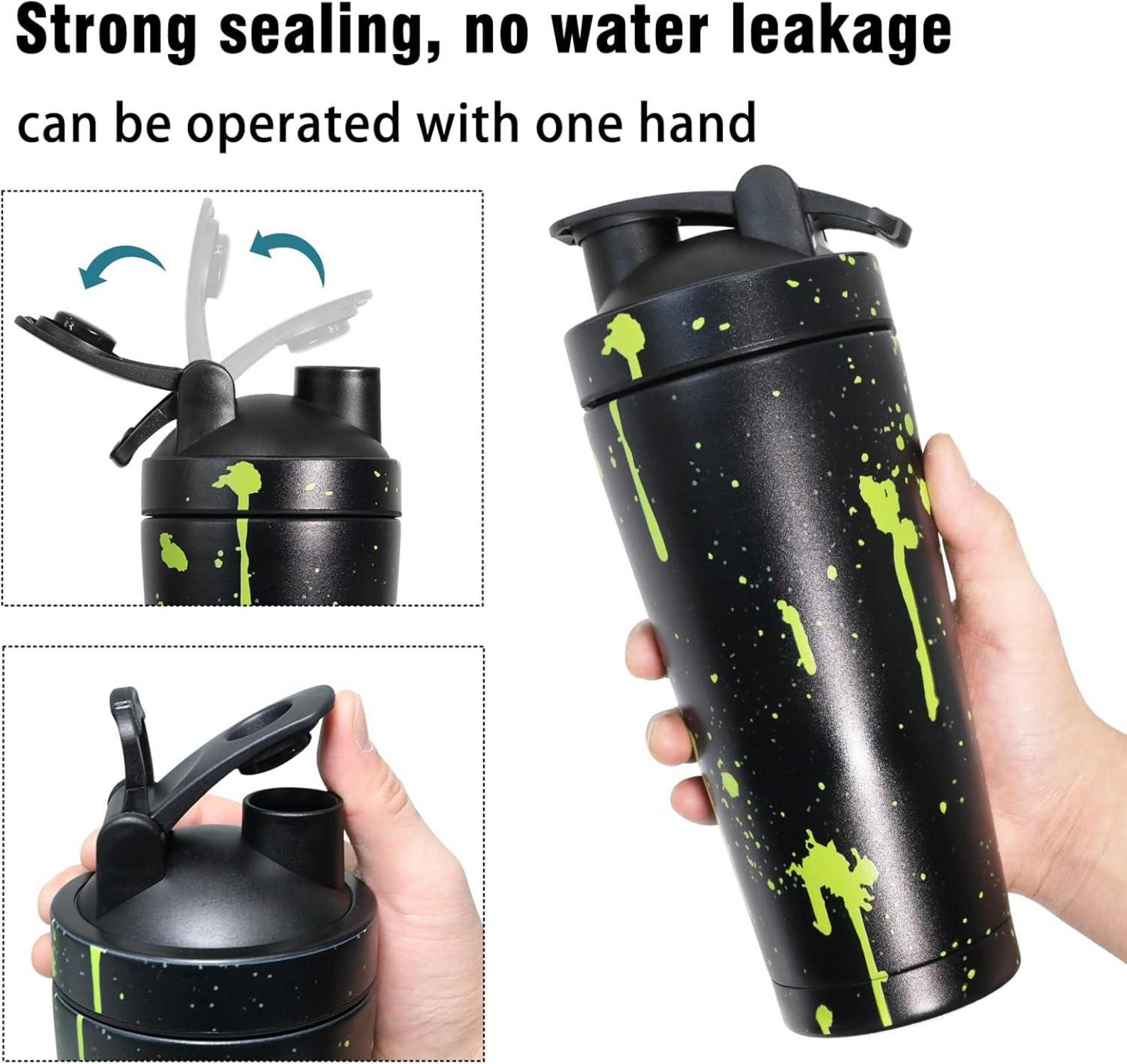 Protein Shaker Edelstahl 750ml mit Kugel Skala Abdichtung - Schwarz Gelb