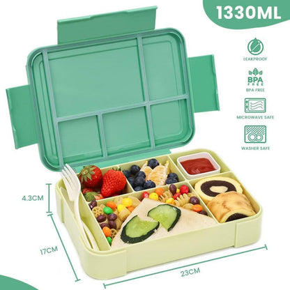 Bugucat Brotdose Kinder 1330ML Lunchbox Bento Box Auslaufsicher 6 Fächer Besteckset für Mädchen Jungen