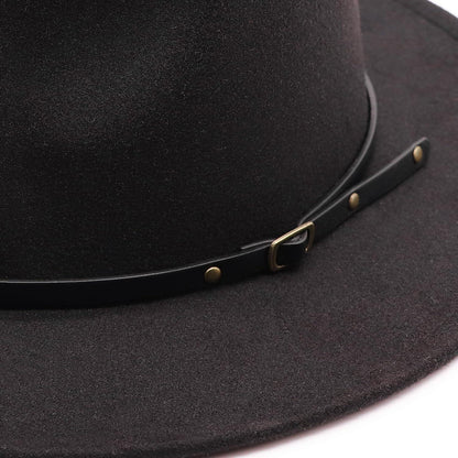 Damen Fedora Hut mit breiter Krempe & Gürtelschnalle - Schwarz M
