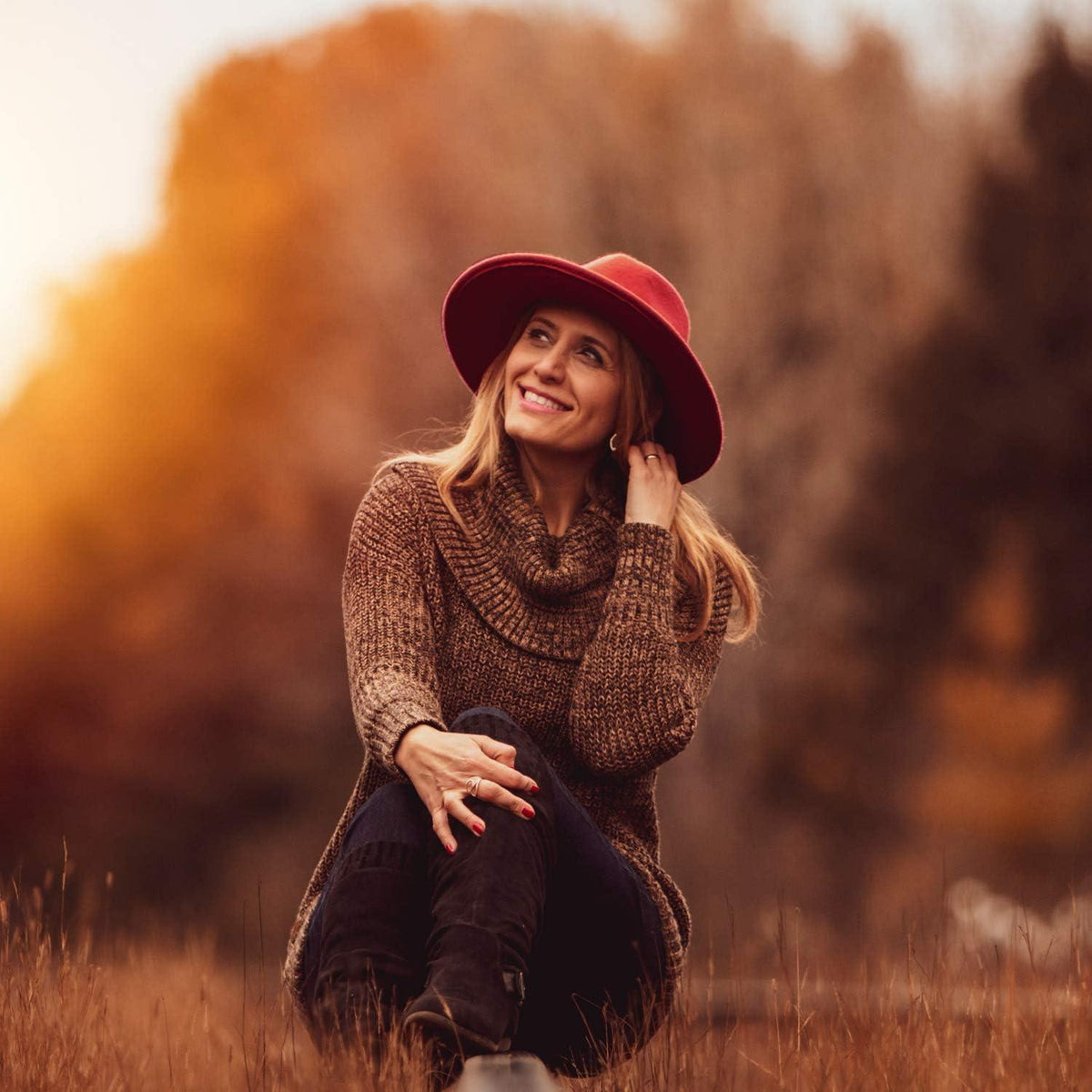 Damen Fedora Hut mit breiter Krempe Burgundy M