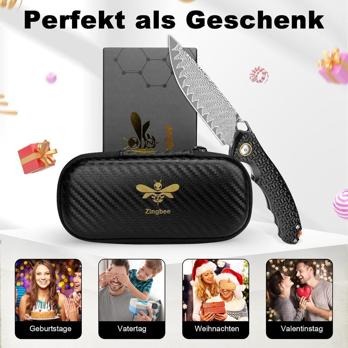 Damast Taschenmesser VG10 Stahl – Outdoor Klappmesser mit Aluminium Griff