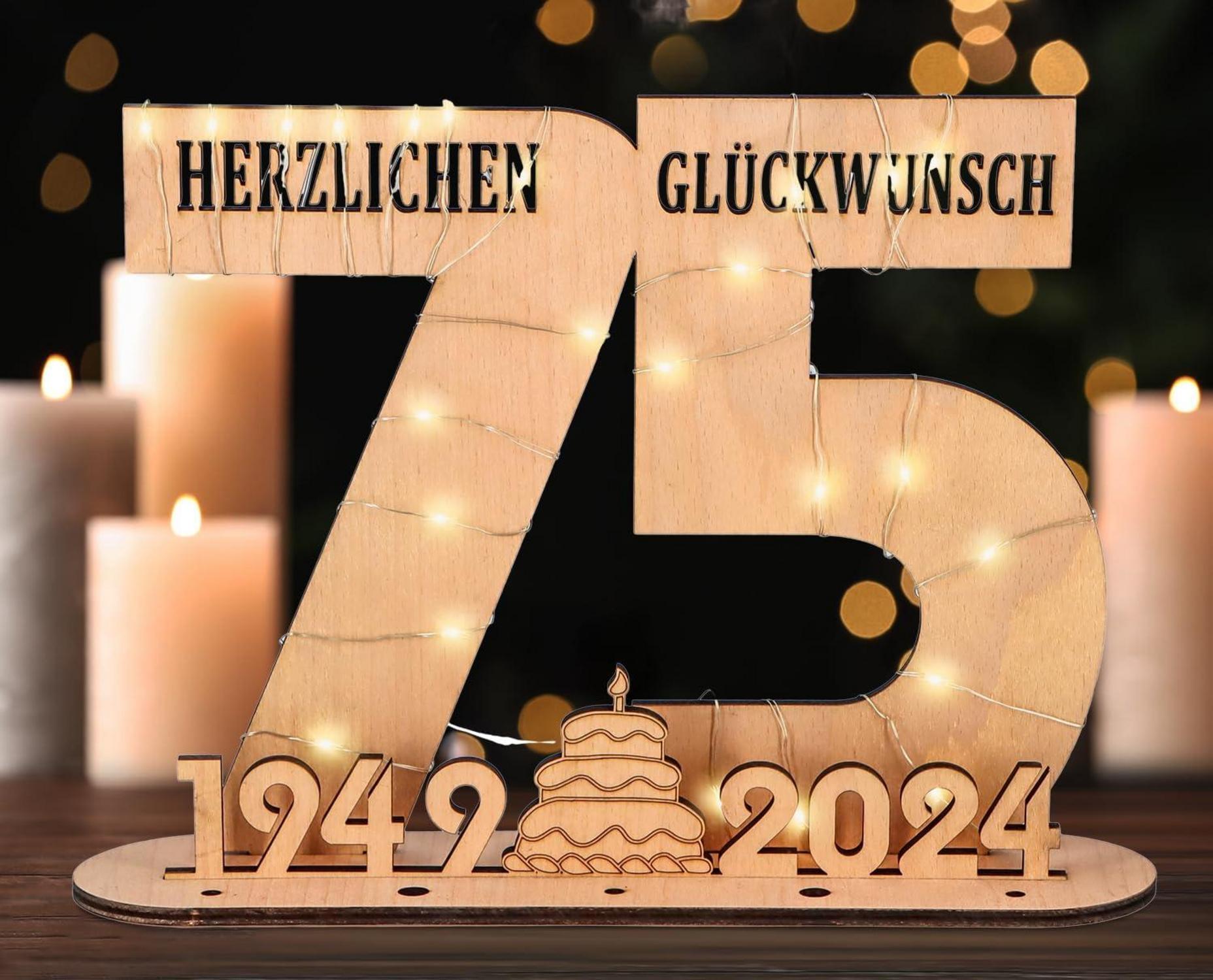 Originelles 75. Geburtstag Geschenk mit LED Lichterkette-Ständer